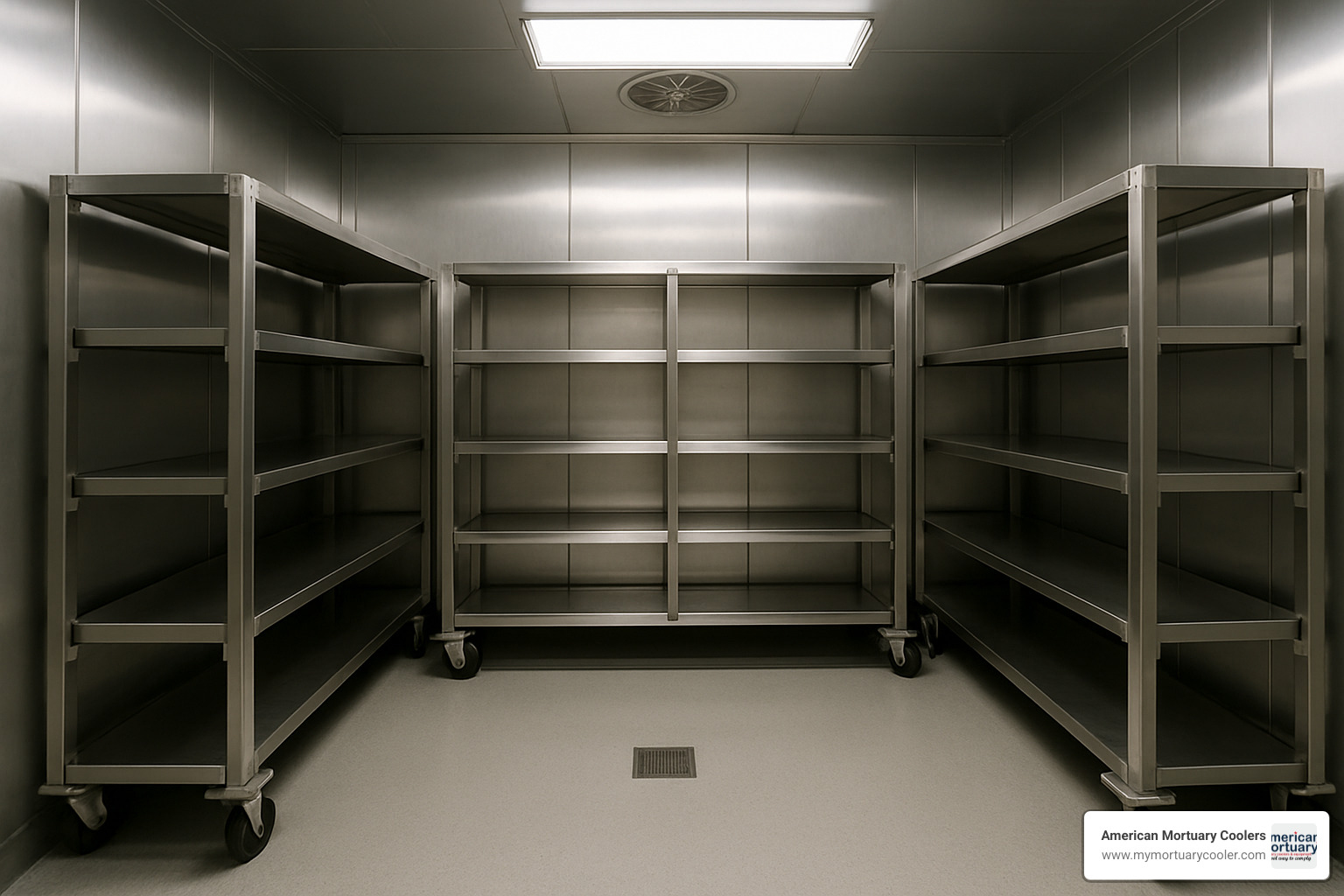interior of walk-in morgue cooler with rack system - walk-in morgue cooler