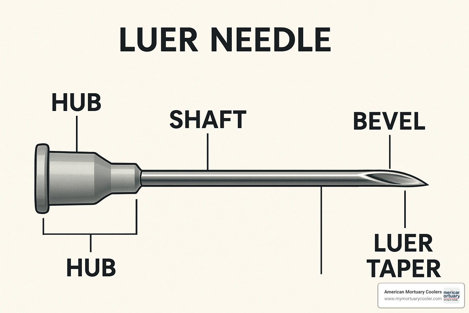 Detailed diagram of the parts of a luer needle: hub, shaft, bevel, luer taper - luer needle