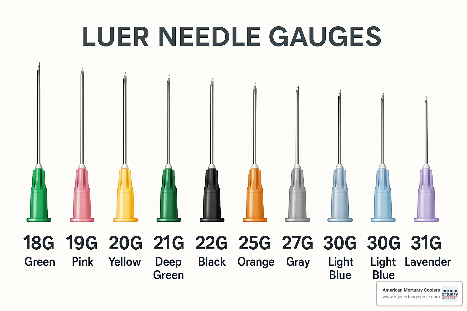 Color-coded chart of luer needle gauges and corresponding colors - luer needle