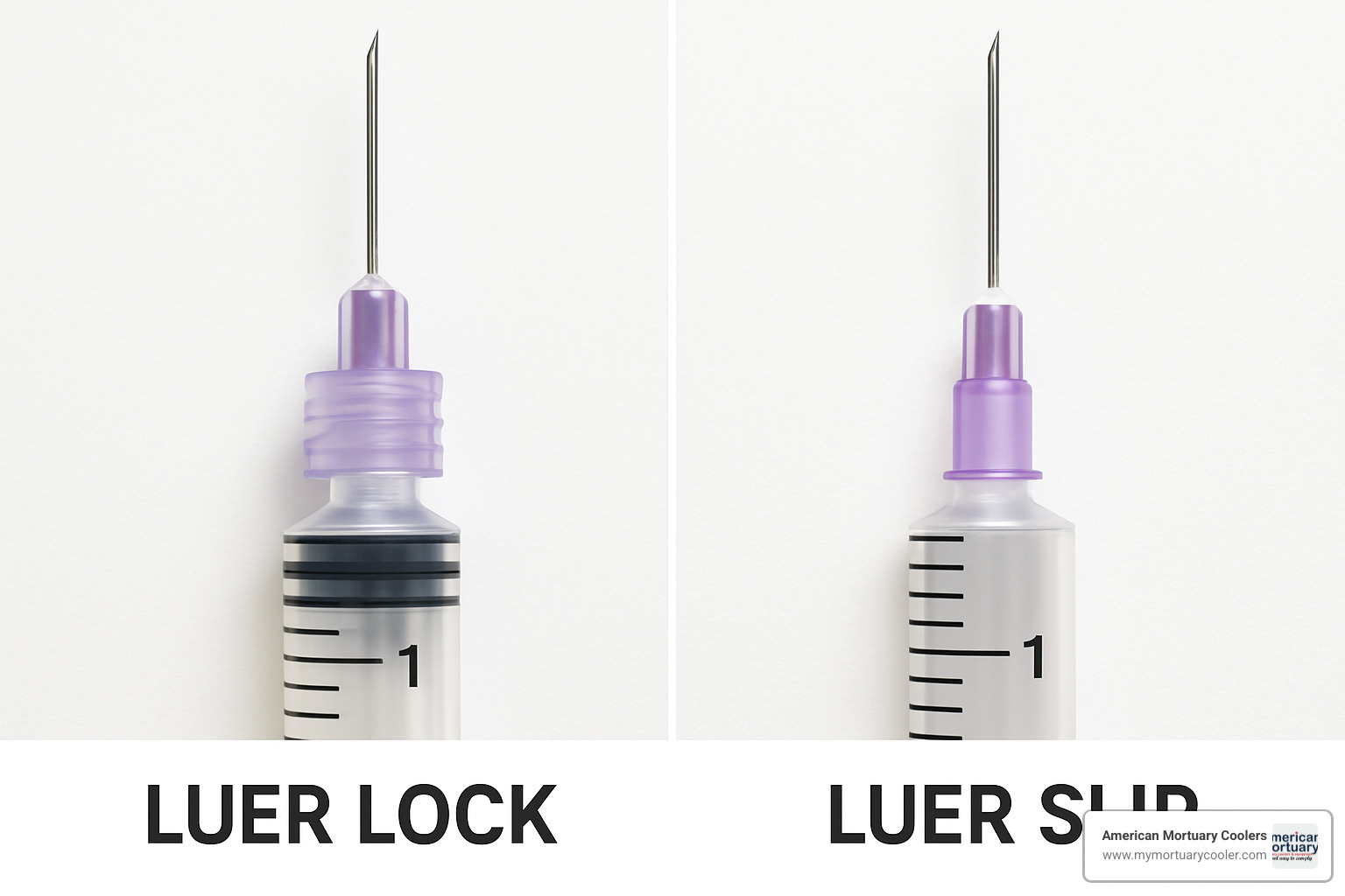 Side-by-side image of Luer Lock (threaded) and Luer Slip (push-fit) connectors - luer needle