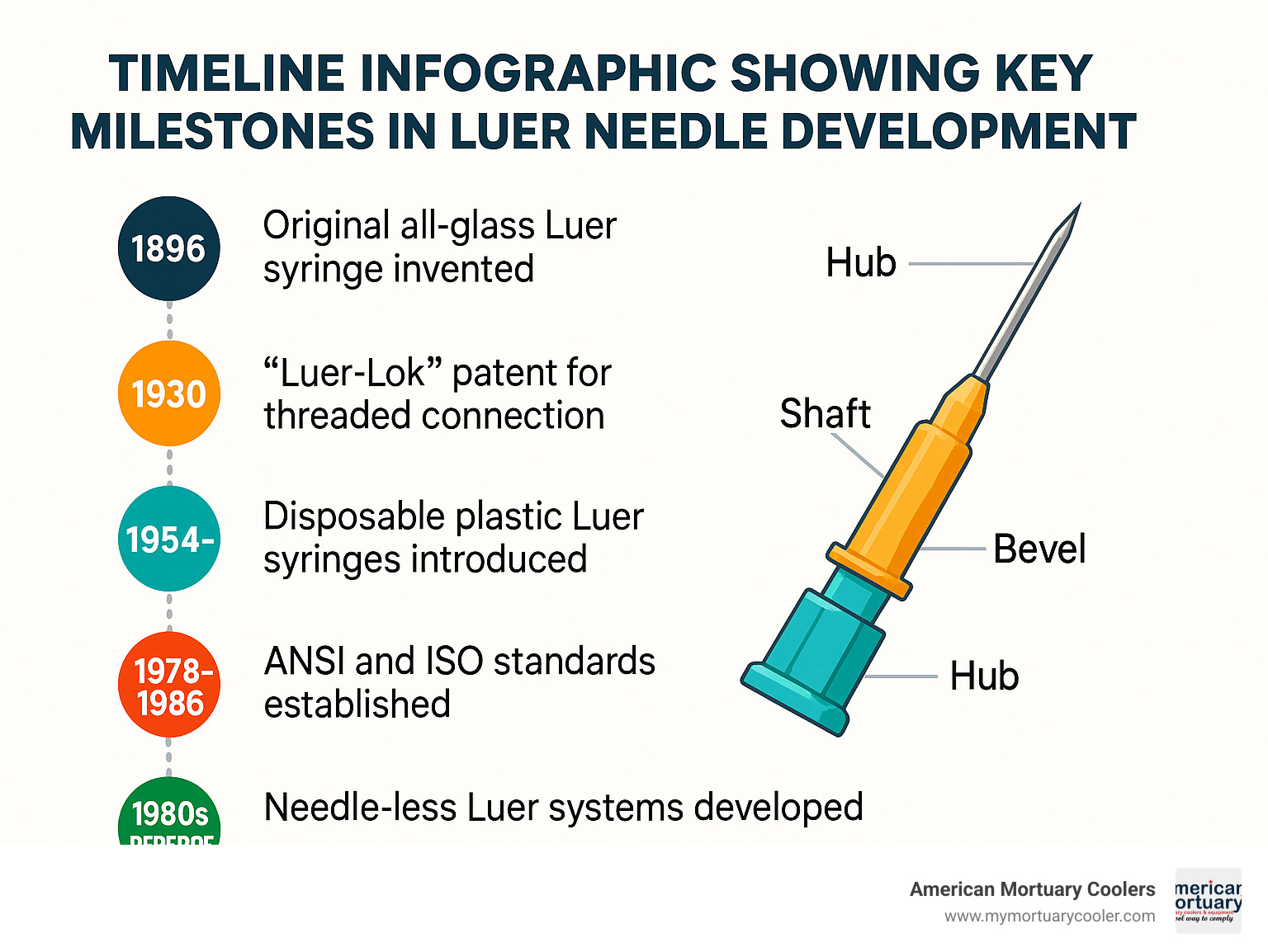 Timeline infographic showing key milestones in luer needle development - luer needle infographic 