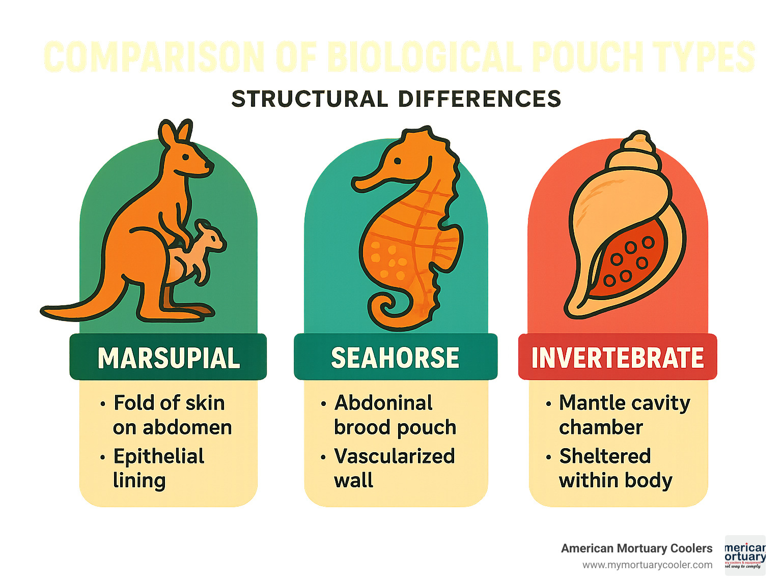 Comparison of different biological pouch types showing structural differences - biological pouches infographic 