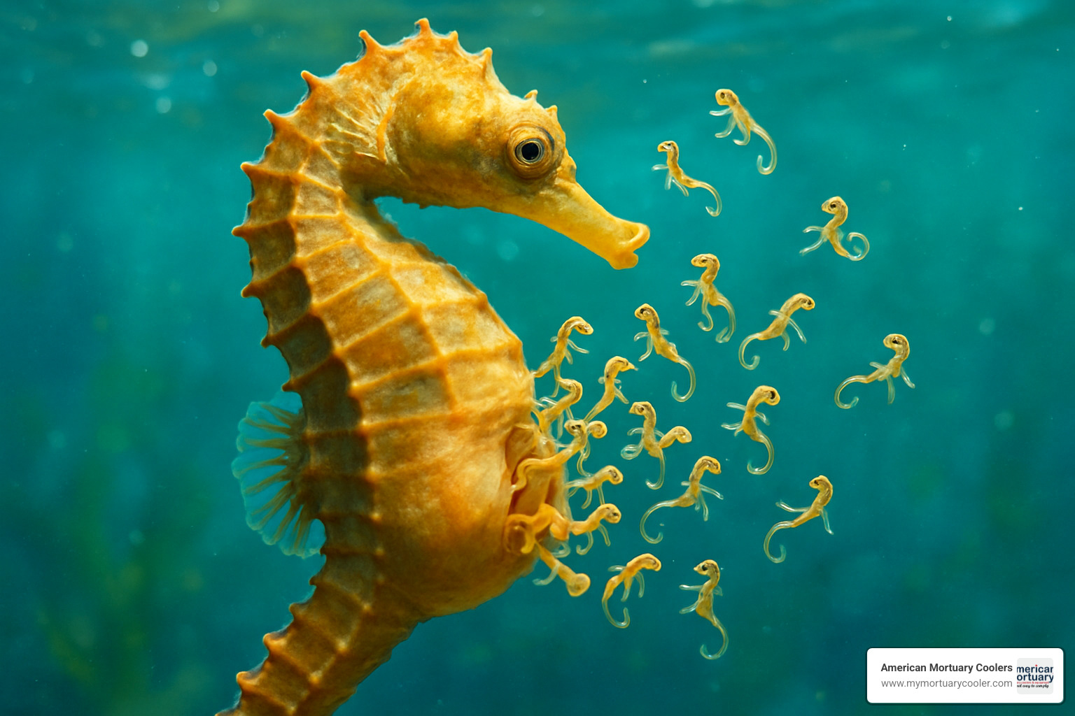 male seahorse giving birth - biological pouches