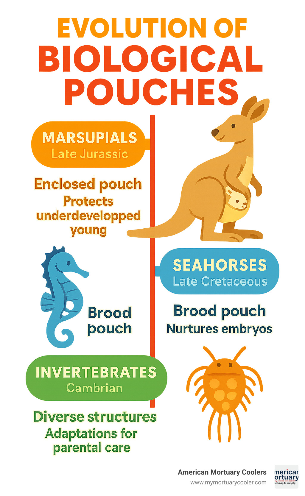 Timeline infographic showing the evolution of biological pouches, including marsupials, seahorses, and invertebrates, highlighting key anatomical adaptations and parental care strategies - biological pouches infographic 