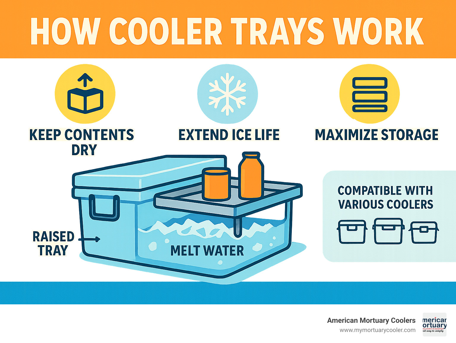 Infographic showing how cooler trays keep contents dry, extend ice life, and maximize storage vs baskets and racks; includes illustrations of raised tray, melt water below, and compatibility with various coolers - cooler trays infographic 