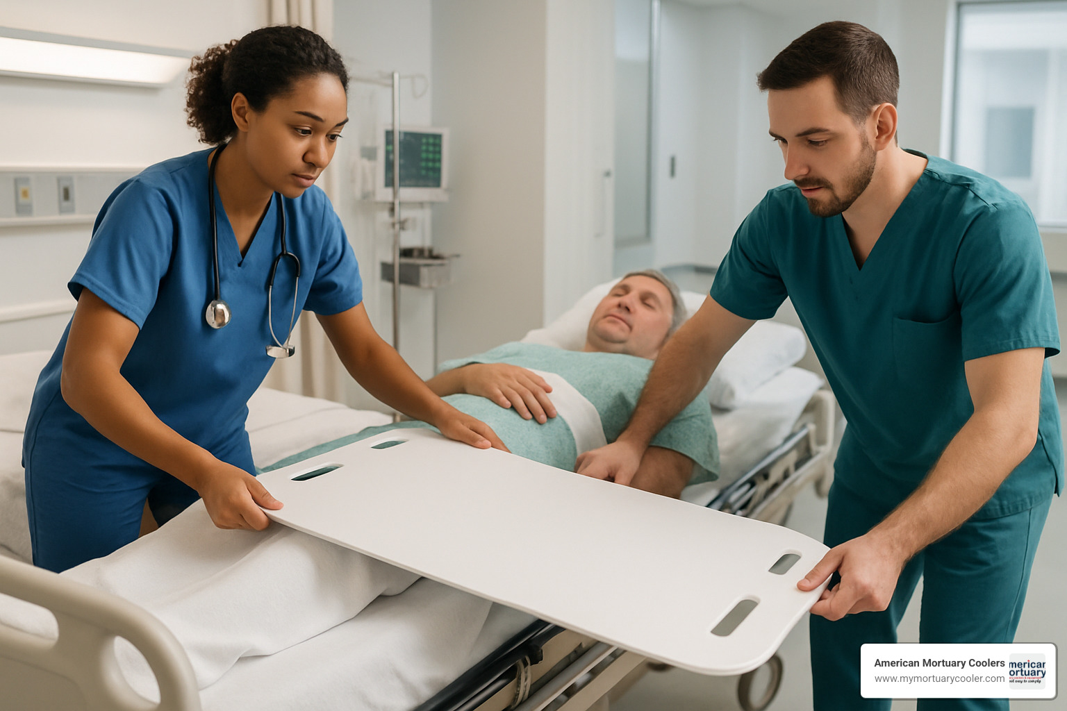 Medical professionals using a slider board for patient transfer - sliders board