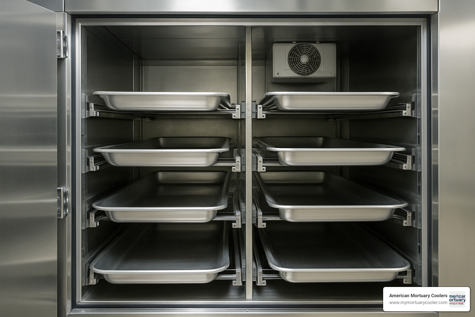 Organized mortuary cooler with stainless steel trays stacked on telescoping rails - cooler trays