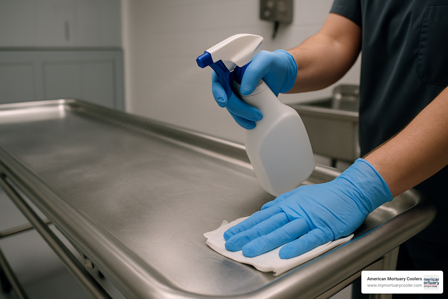 Cleaning and sanitizing a stainless steel mortuary tray with gloves and spray bottle - cooler trays