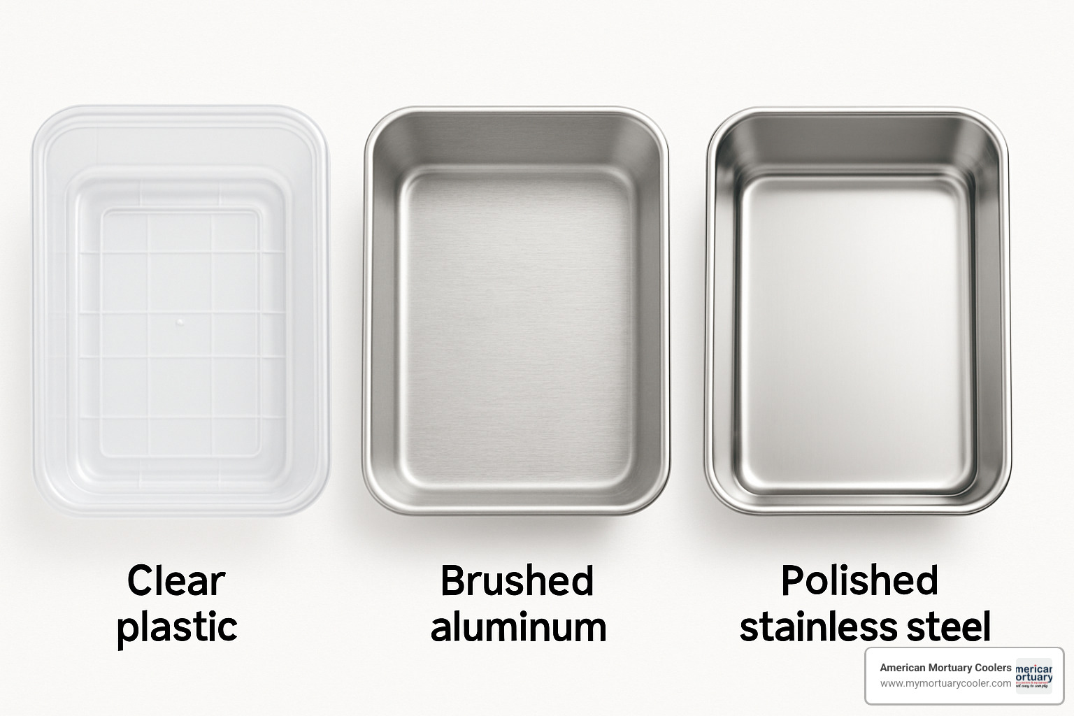 Examples of different cooler tray materials: plastic, aluminum, stainless steel - cooler trays