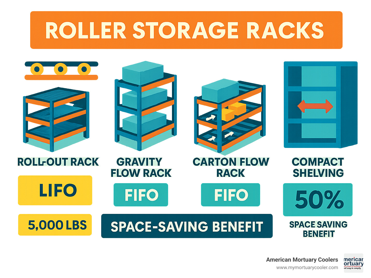 Diagram showing different types of roller storage racks, their components including rollers, tracks, carriages, flow directions (FIFO/LIFO), weight capacities, and space-saving benefits compared to traditional shelving - roller storage racks infographic 