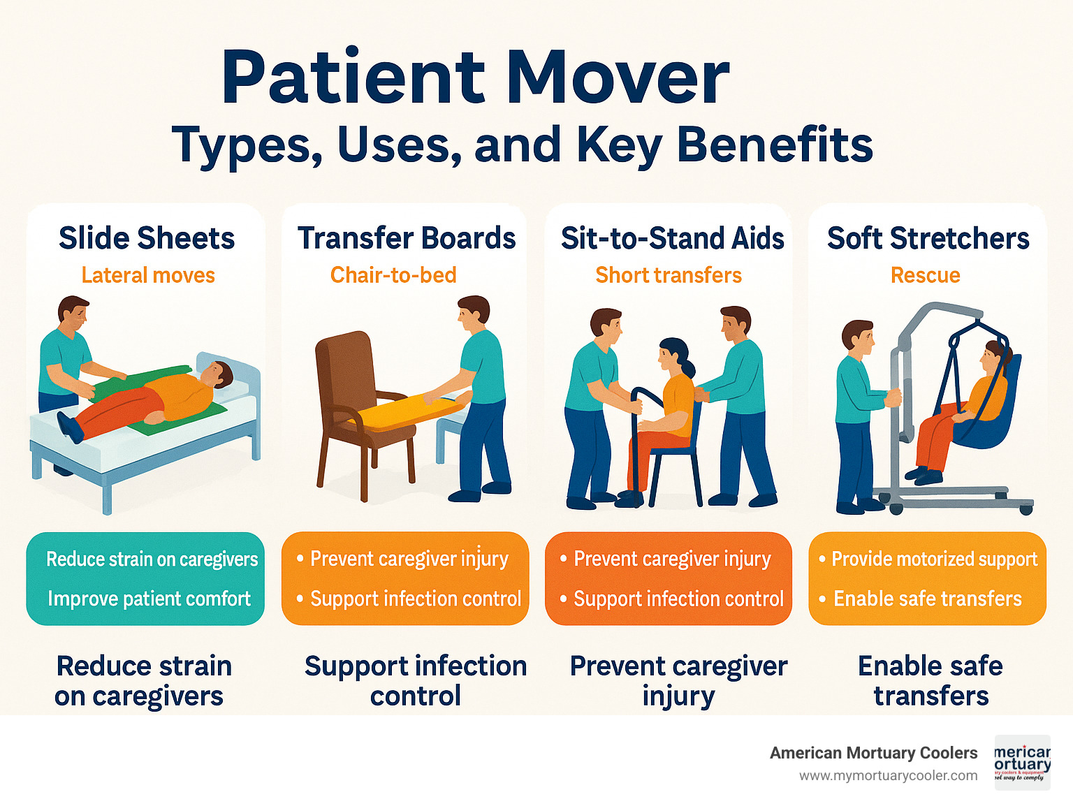 Infographic: Patient Mover Types, Uses, and Key Benefits—Slide sheets (lateral moves), Transfer boards (chair-to-bed), Sit-to-stand aids (short transfers), Soft stretchers (rescue), and Mechanical lifts (motorized support) - patient mover infographic 