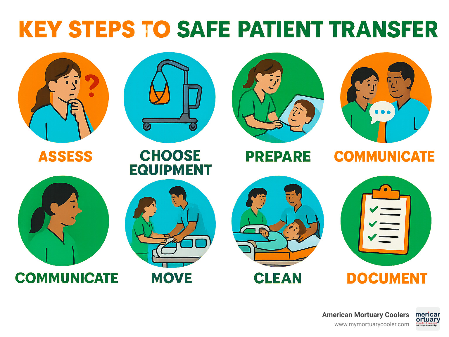 Infographic: Key Steps to Safe Patient Transfer—Assess, Choose Equipment, Prepare, Communicate, Move, Clean, Document - patient mover infographic 