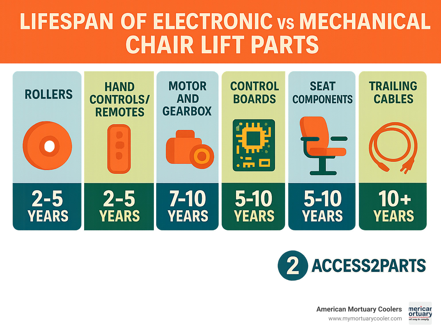 Infographic comparing lifespan of electronic vs mechanical chair lift parts - chair lift parts infographic