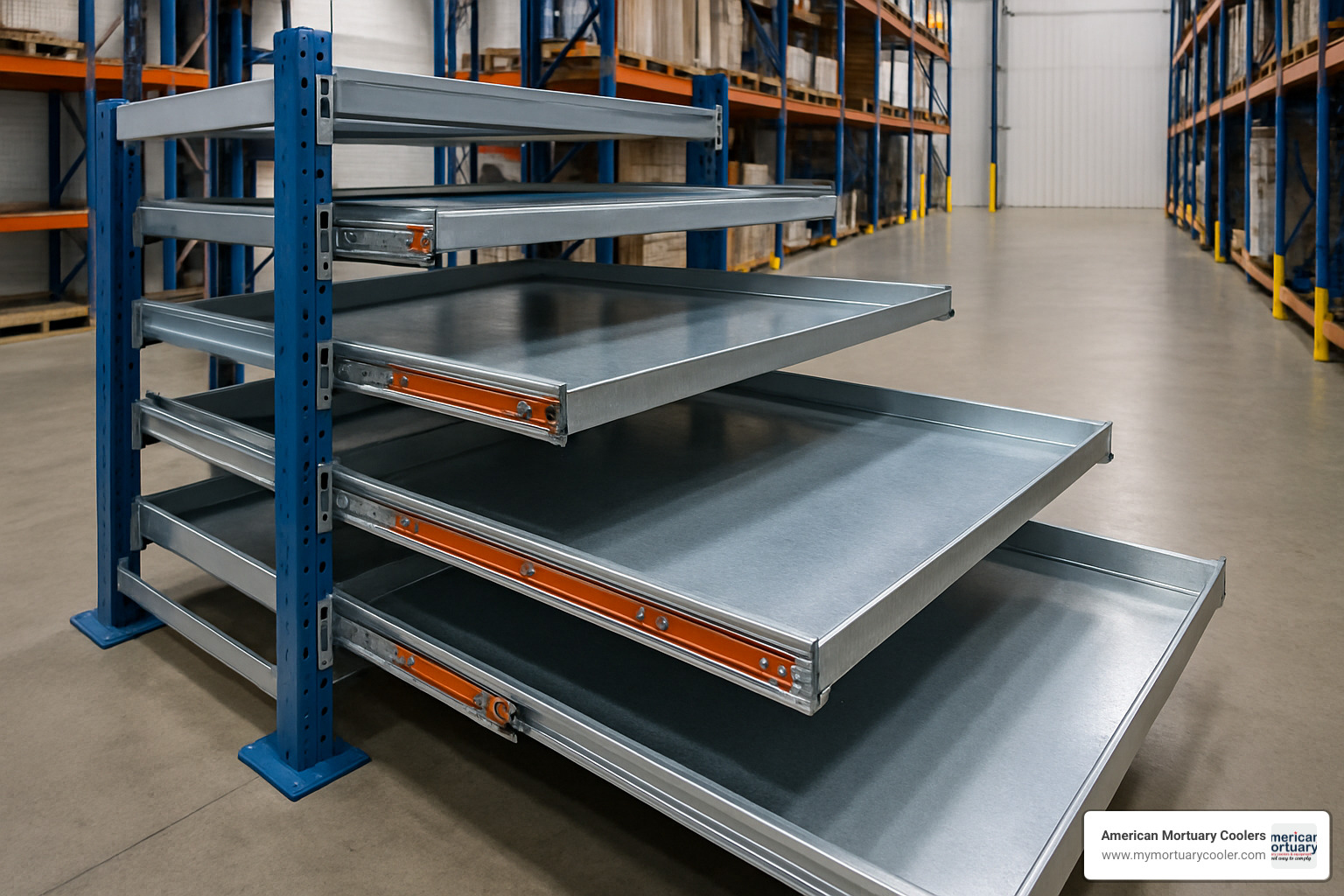 Roll-out rack system with extended shelves demonstrating access to rear items - roller storage racks