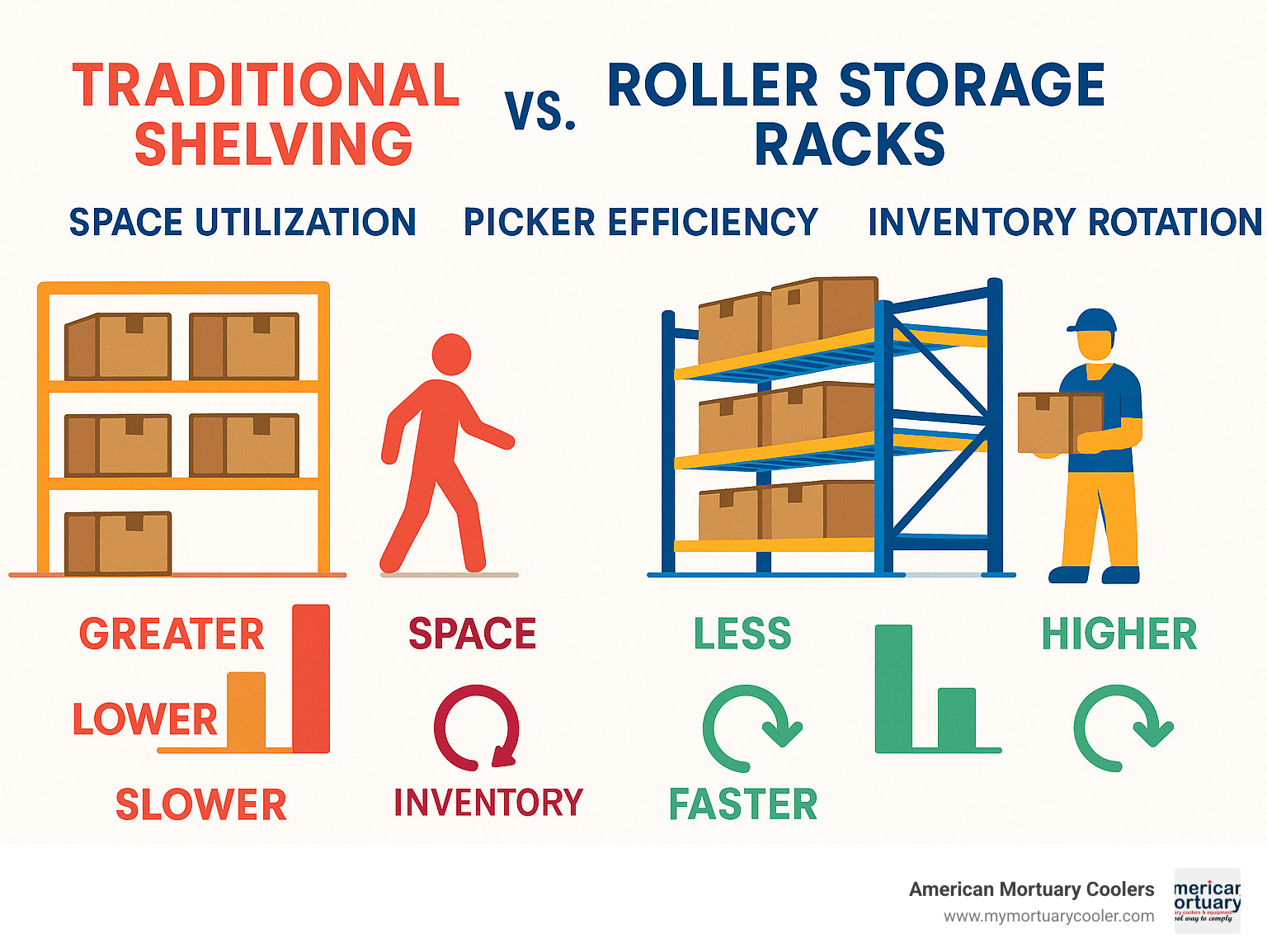 Comparison of traditional shelving versus roller storage racks showing space utilization, picker efficiency, and inventory rotation metrics - roller storage racks infographic 