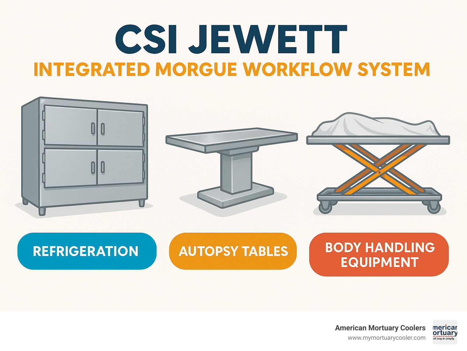 CSI Jewett integrated morgue workflow system showing refrigeration, autopsy tables, and body handling equipment - csi jewett infographic 