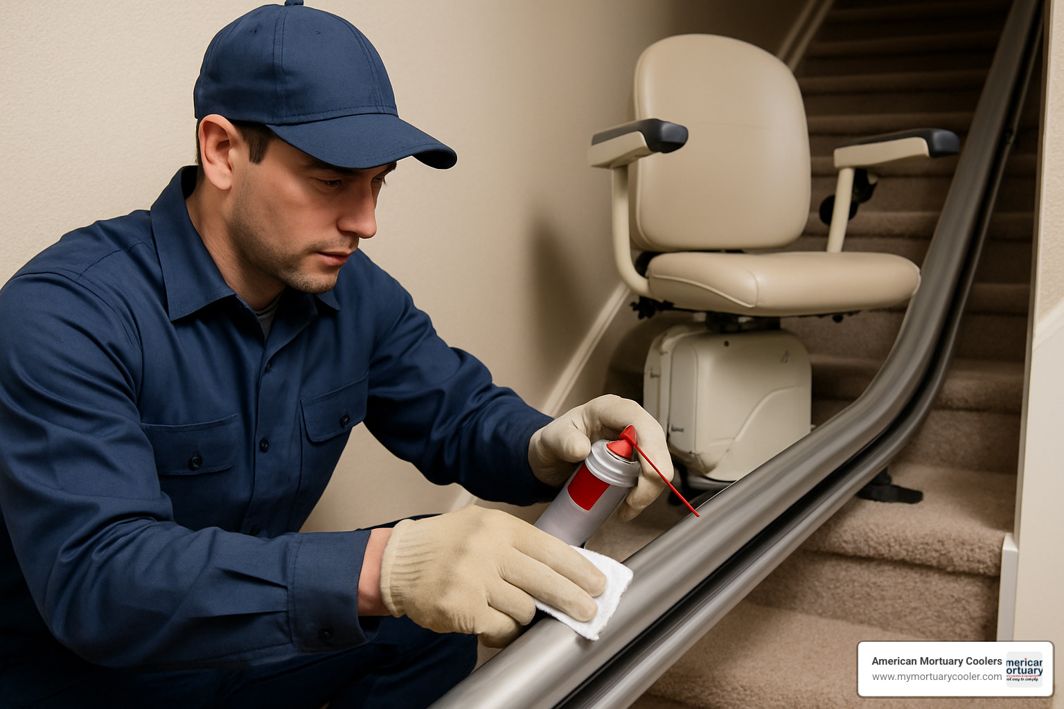 Technician lubricating chair lift rail - chair lift parts
