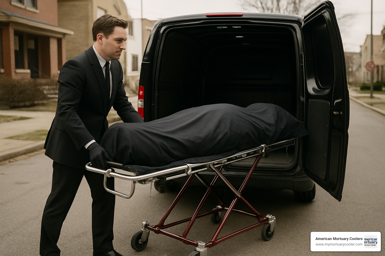 single funeral professional loading mortuary stretcher into van - MORTUARY STRETCHER