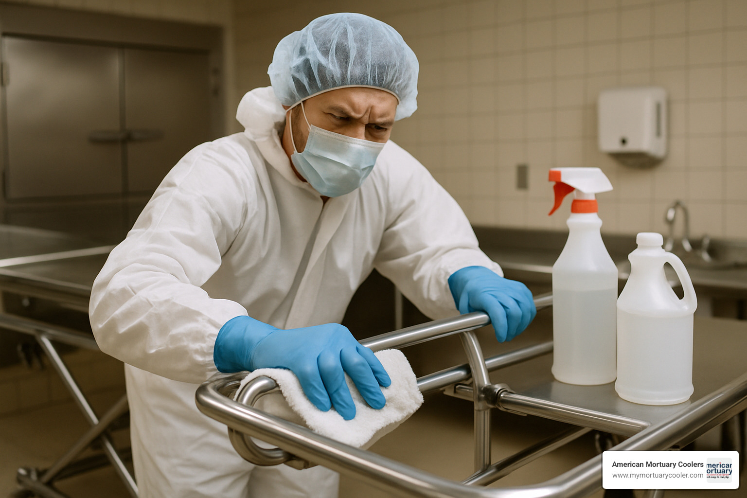 technician cleaning mortuary stretcher frame - MORTUARY STRETCHER