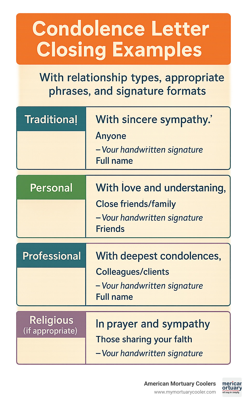 Condolence letter closing examples with relationship types, appropriate phrases, and signature formats - how to close a condolence letter infographic 