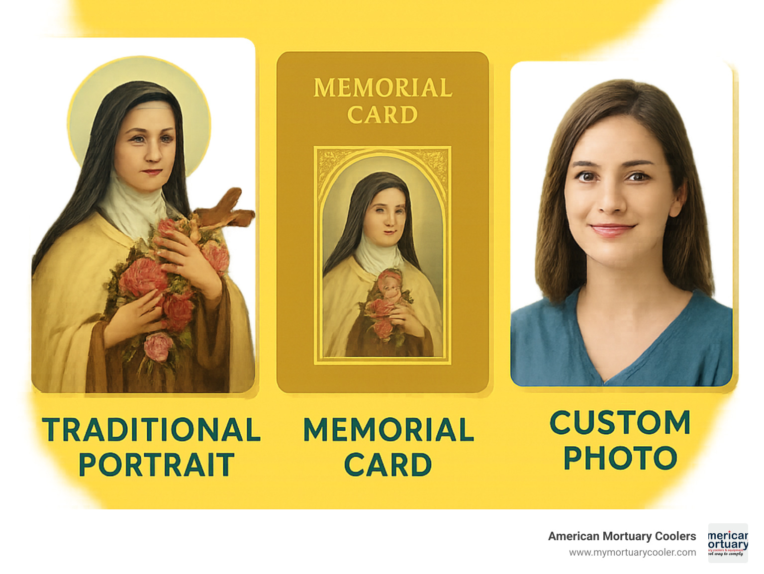 St. Therese holy cards showing various designs including traditional portrait with roses, gold-foil memorial cards, and custom photo options, with price ranges from $0.60-$2.25 per card depending on material and quantity - st therese holy cards infographic 