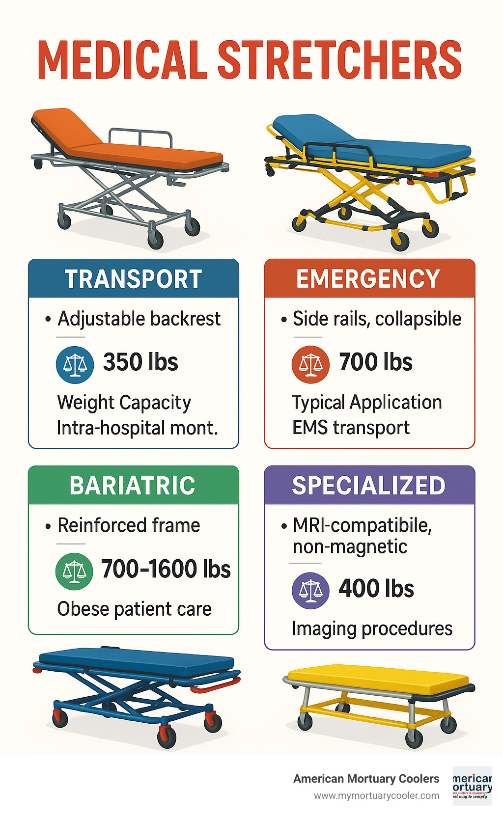 Comparison of different medical stretcher types showing transport, emergency, bariatric, and specialized models with their key features, weight capacities, and typical applications - MEDICAL STRETCHERS infographic 