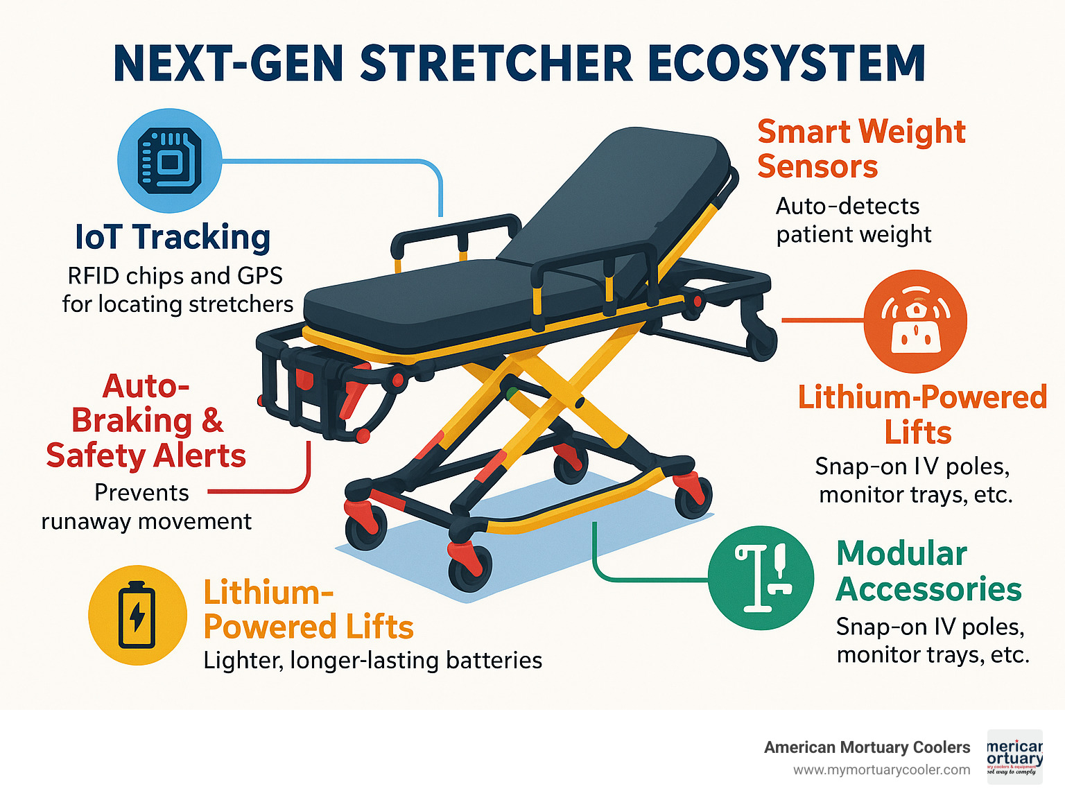 Infographic: Next-gen stretcher ecosystem—smart sensors, tracking chips, lithium battery lifts, and modular accessories - MEDICAL STRETCHERS infographic 
