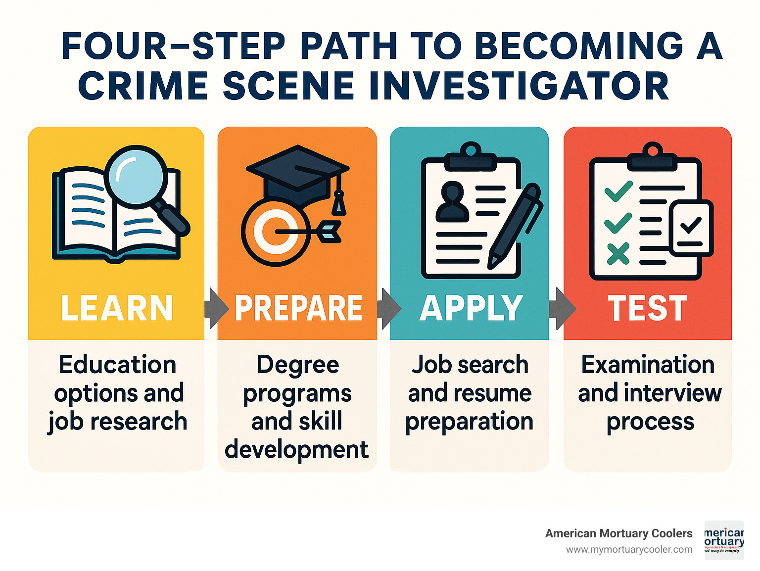 Four-step path to becoming a crime scene investigator showing Learn (education options and job research), Prepare (degree programs and skill development), Apply (job search and resume preparation), and Test (examination and interview process) - crime scene investigator infographic 