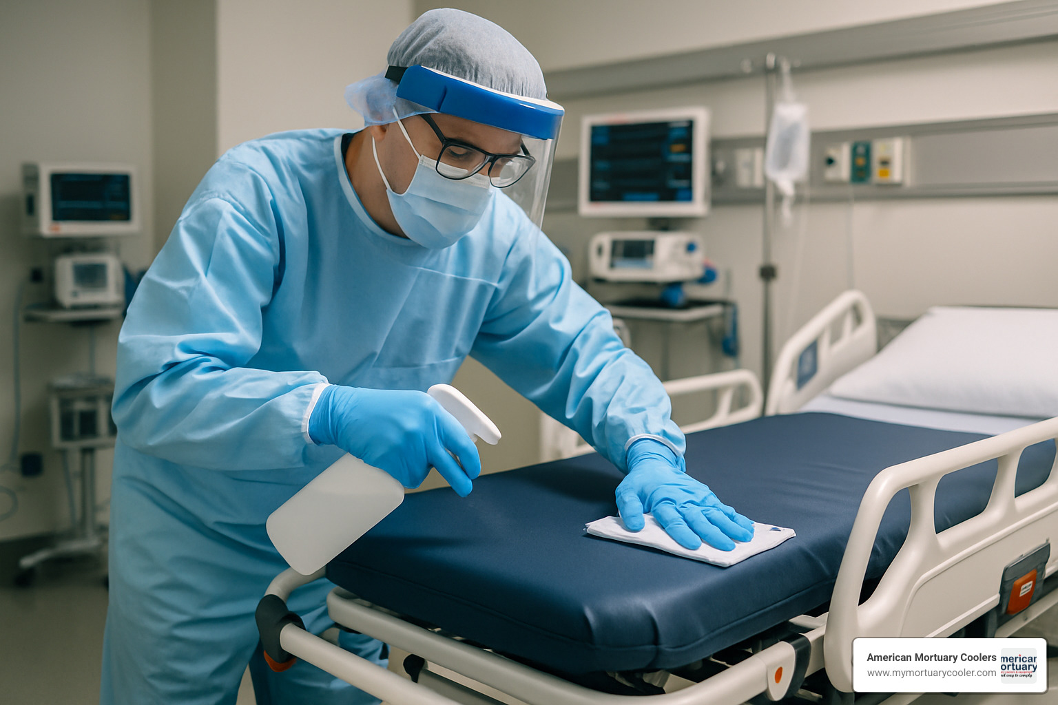 technician disinfecting medical stretcher in hospital setting - MEDICAL STRETCHERS
