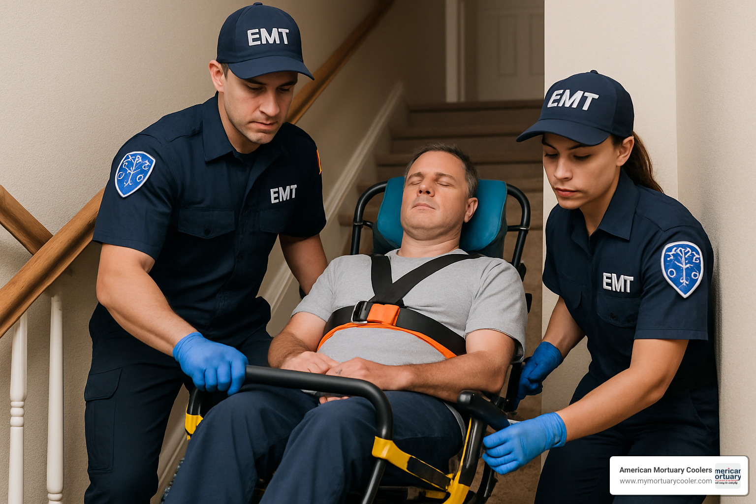 emergency medical technicians using stair stretcher in narrow stairwell - stair stretcher