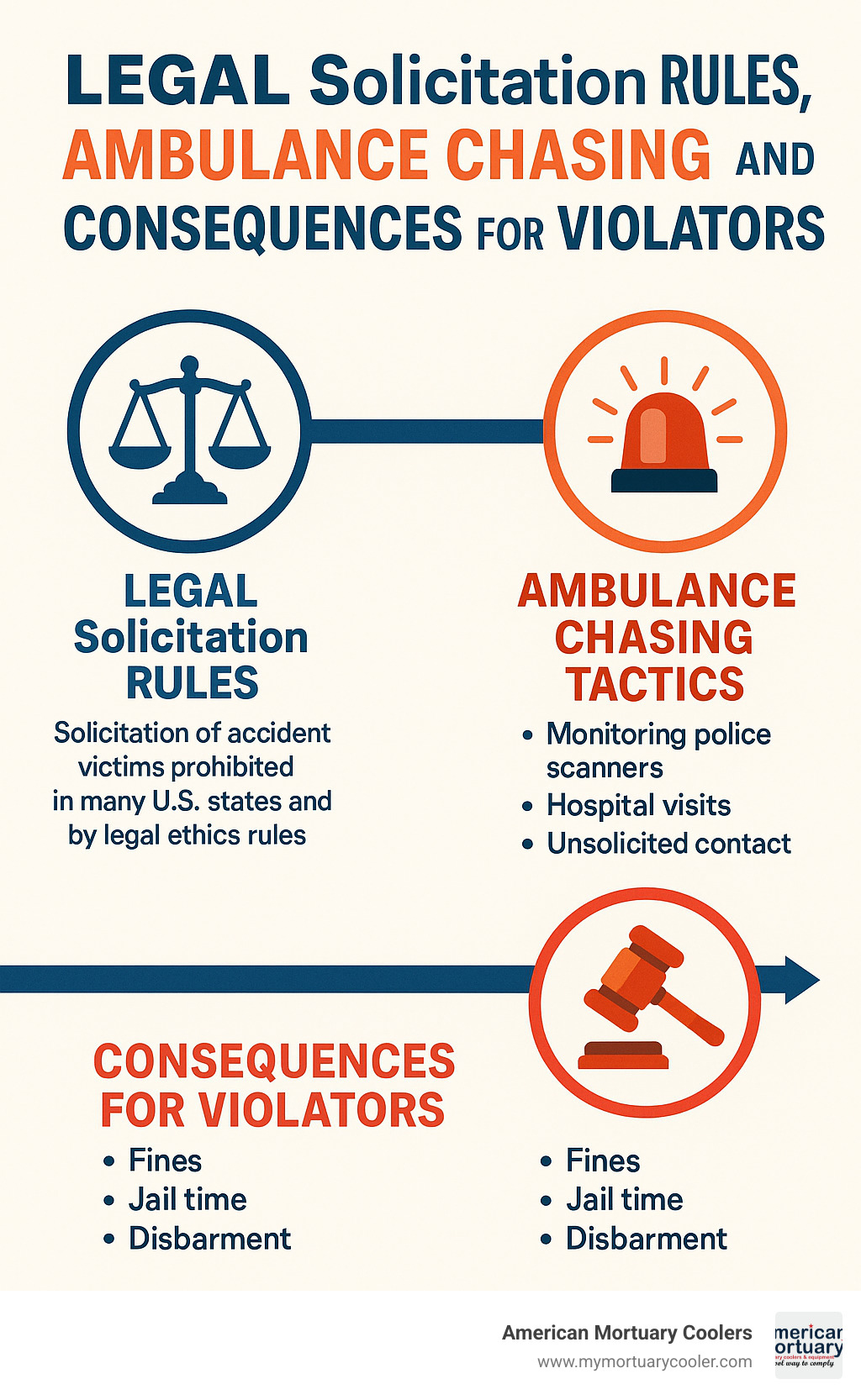 Timeline showing legal solicitation rules, ambulance chasing tactics, and consequences for violators - what are ambulance chasers infographic 