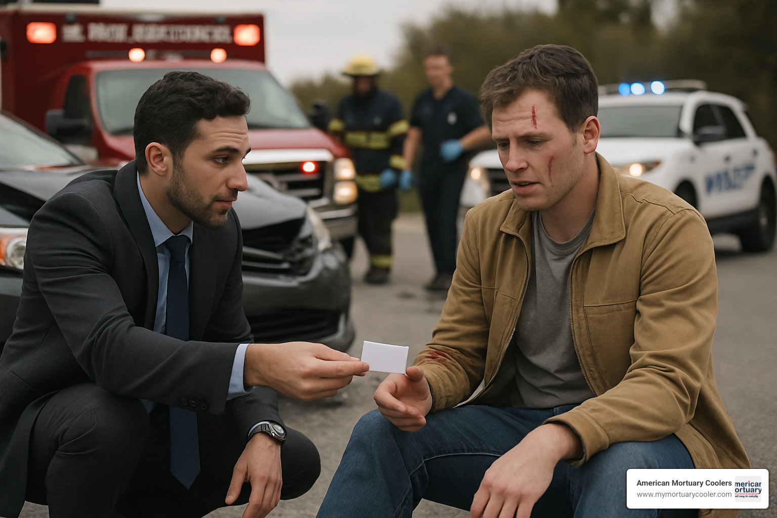 person approaching accident victim with business card - what are ambulance chasers