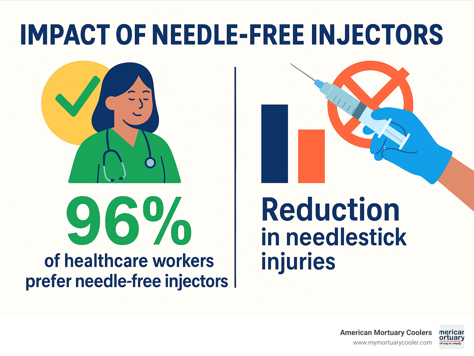 Statistical comparison showing healthcare worker preference for needle-free injectors and reduction in needlestick injuries - needle injector infographic 