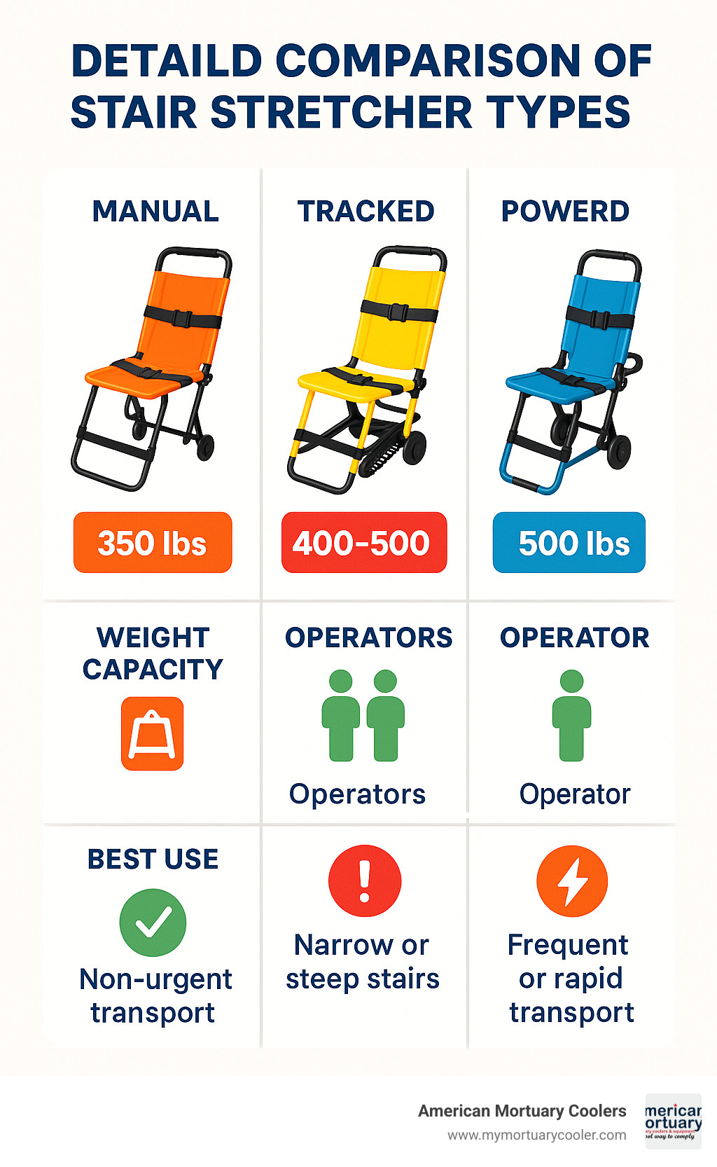 Detailed comparison of stair stretcher types showing manual vs. tracked vs. powered models with their weight capacities, operator requirements, and best-use scenarios - stair stretcher infographic 