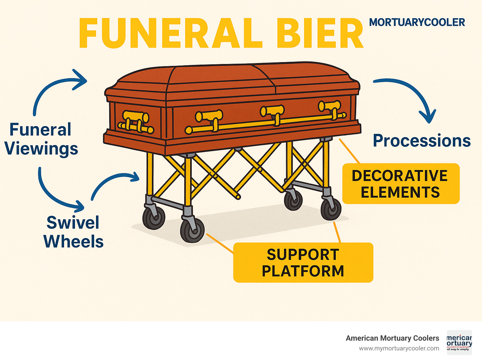 Diagram showing the components and uses of a funeral bier, including its role in funeral viewings, processions, and ceremonies, with labels for key parts like swivel wheels, support platform, and decorative elements - funeral bier infographic 
