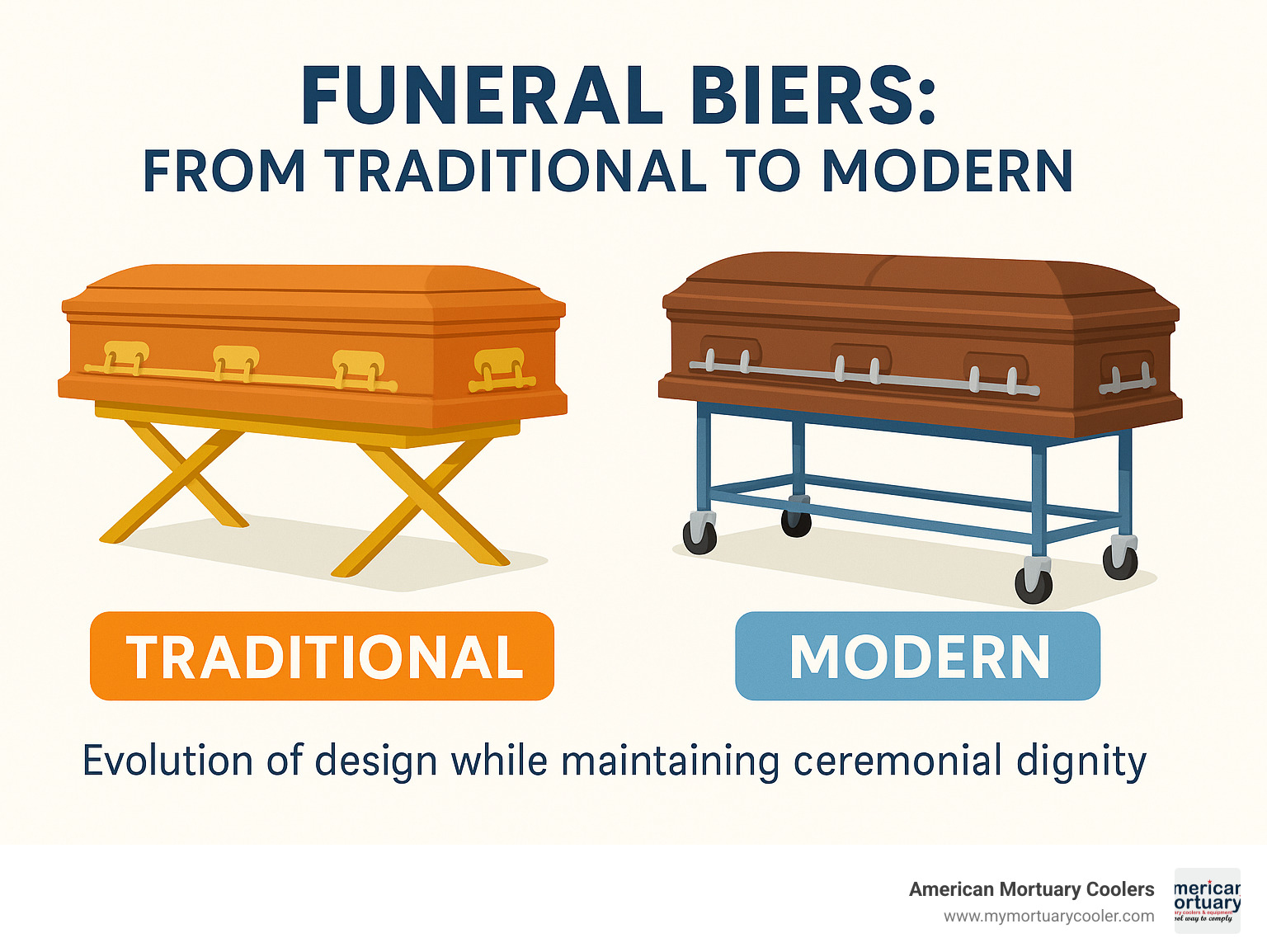 Traditional and modern funeral biers side by side, showing the evolution of design while maintaining ceremonial dignity - funeral bier infographic 