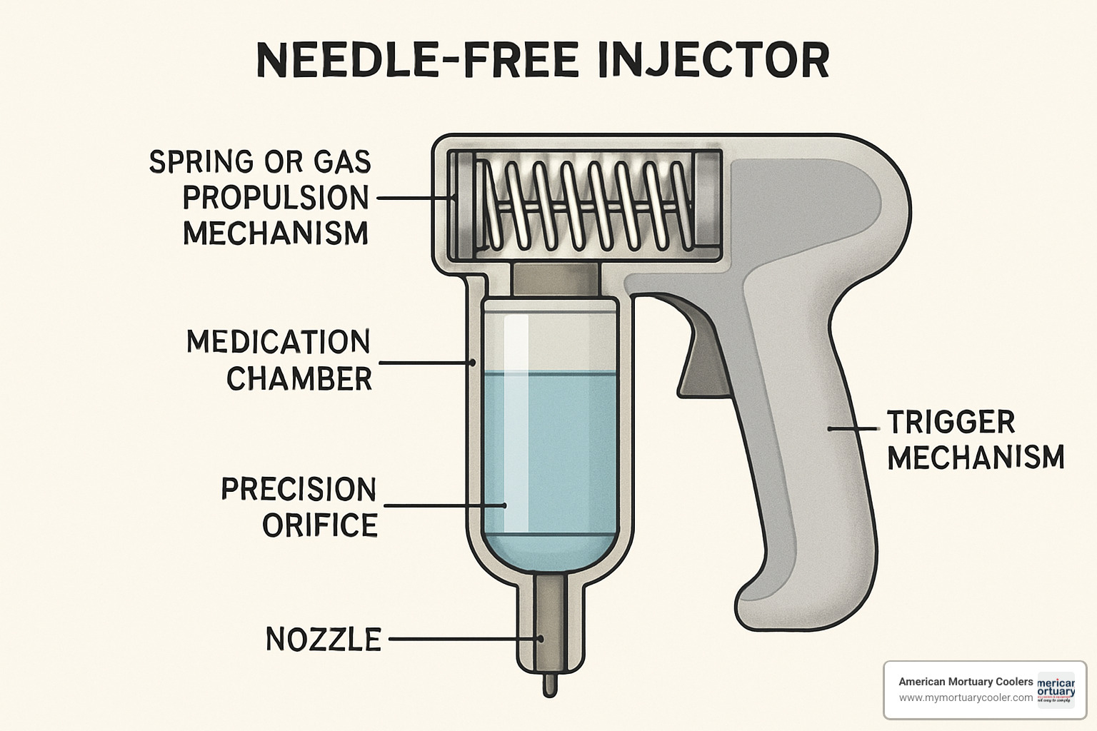 Components of a needle-free injector showing spring mechanism, medication chamber, and precision orifice - needle injector