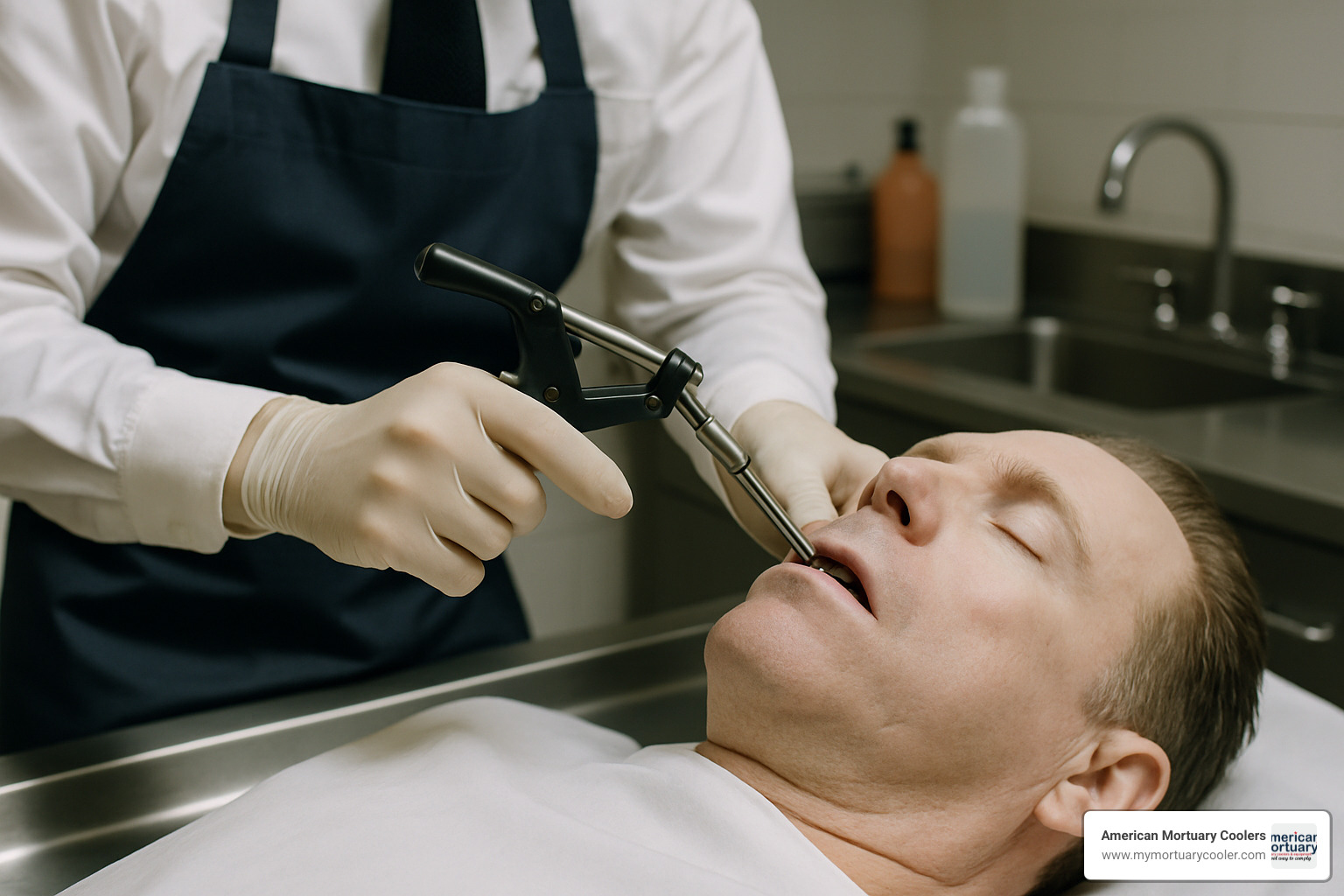 Needle injector being used in mortuary setting for mouth closure procedure - needle injector