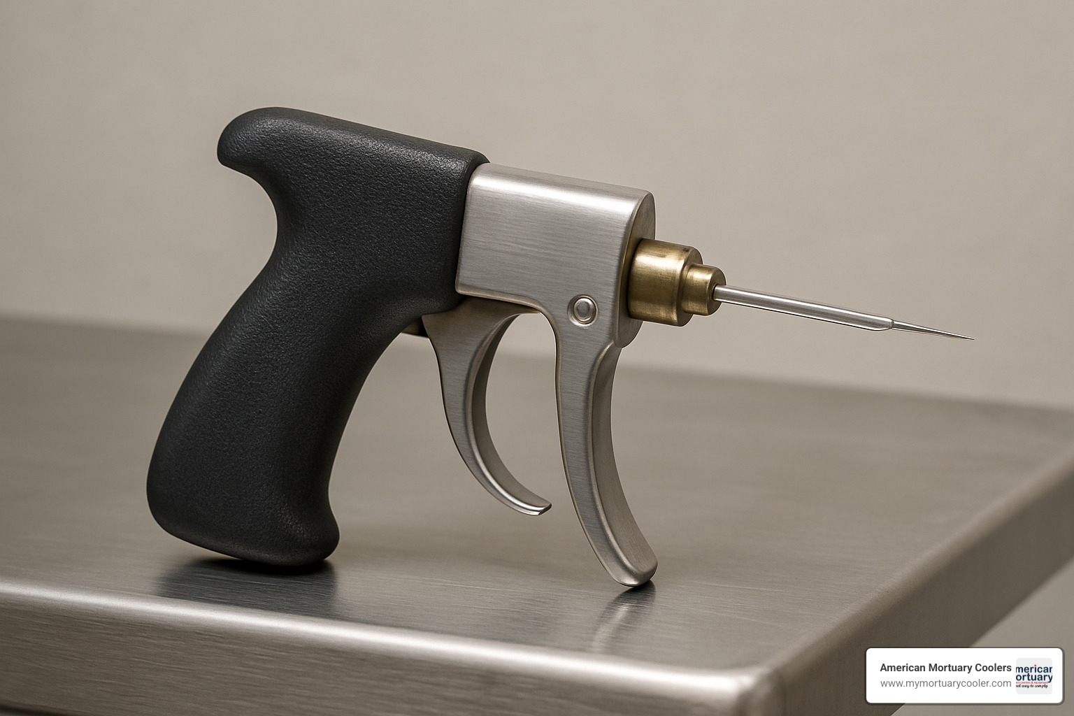 Mortuary needle injector with pistol grip design showing improved ergonomics - needle injector