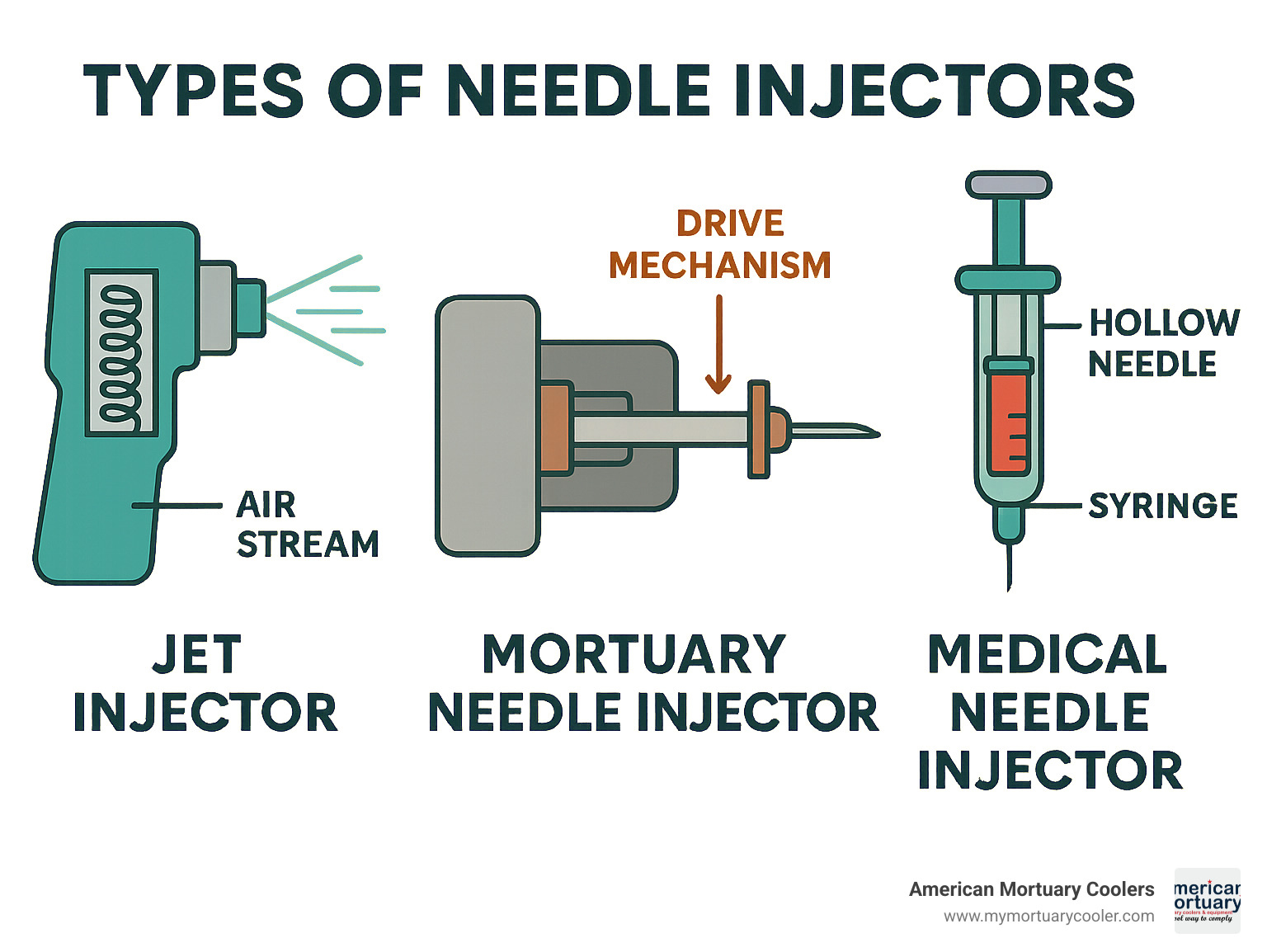 Diagram showing different types of needle injectors including jet injectors, mortuary mouth closure devices, and medical delivery systems with their key components and mechanisms labeled - needle injector infographic 