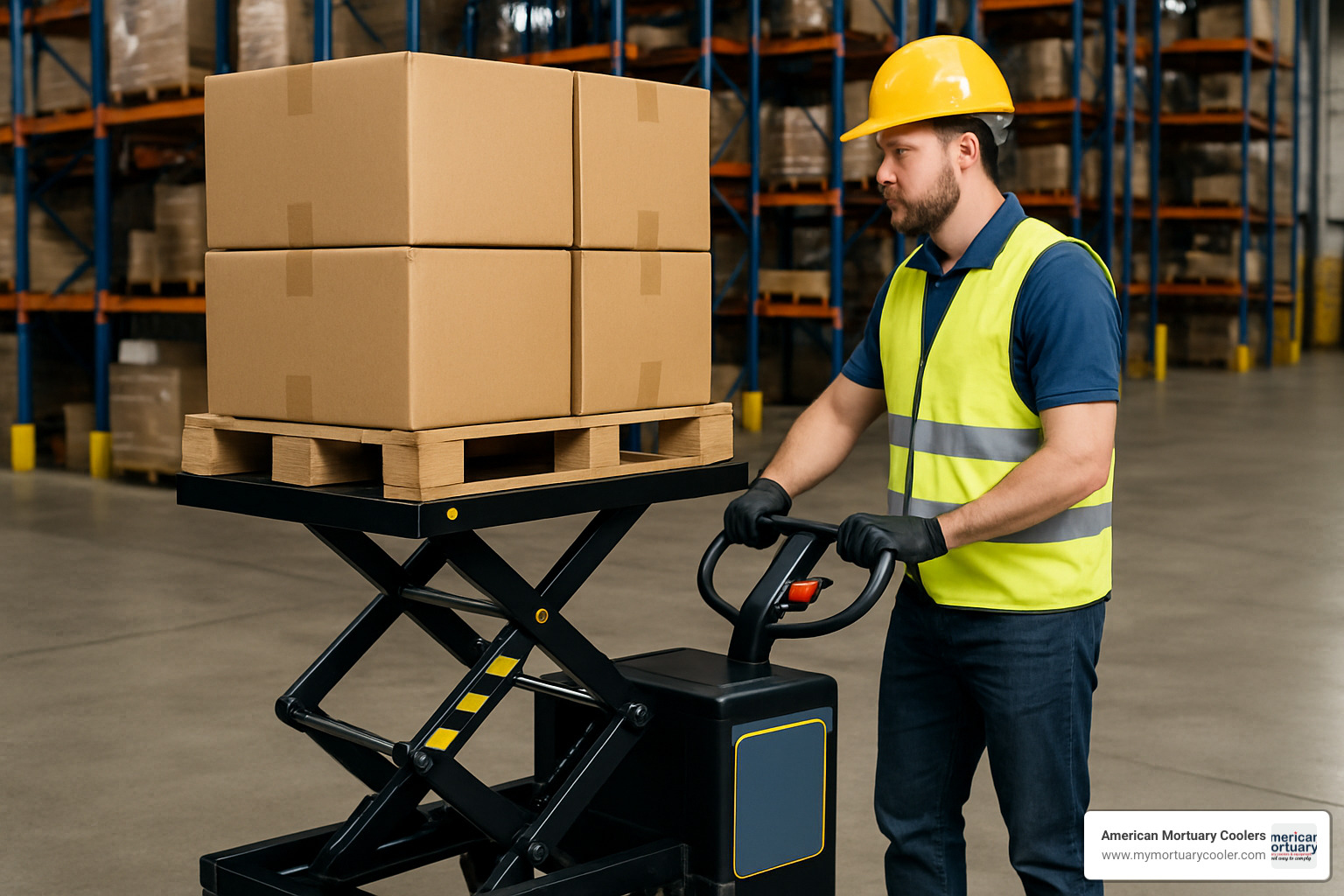 Warehouse worker using battery powered lift table to safely move heavy boxes - battery powered lift table