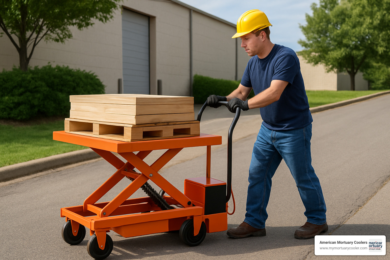 Battery powered lift table being used on a slight incline outdoors - battery powered lift table