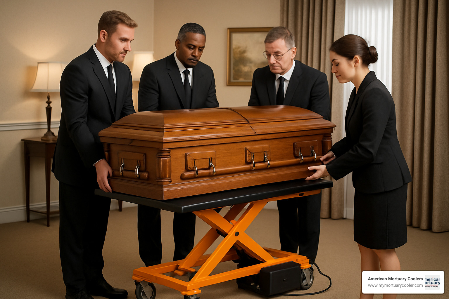 Battery powered lift table being used in a funeral home setting - battery powered lift table