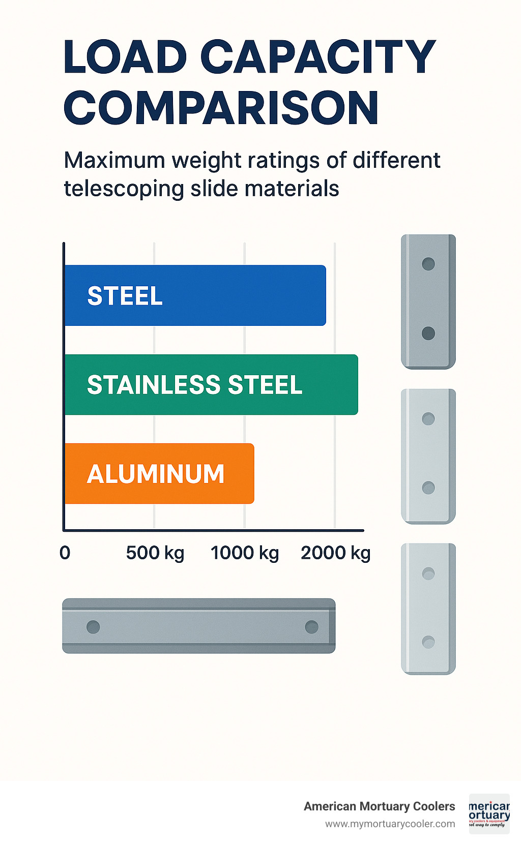 Load capacity comparison chart showing different telescoping slide materials and their maximum weight ratings - telescoping slides infographic  Load capacity comparison chart showing different telescoping slide materials and their maximum weight ratings - telescoping slides infographic