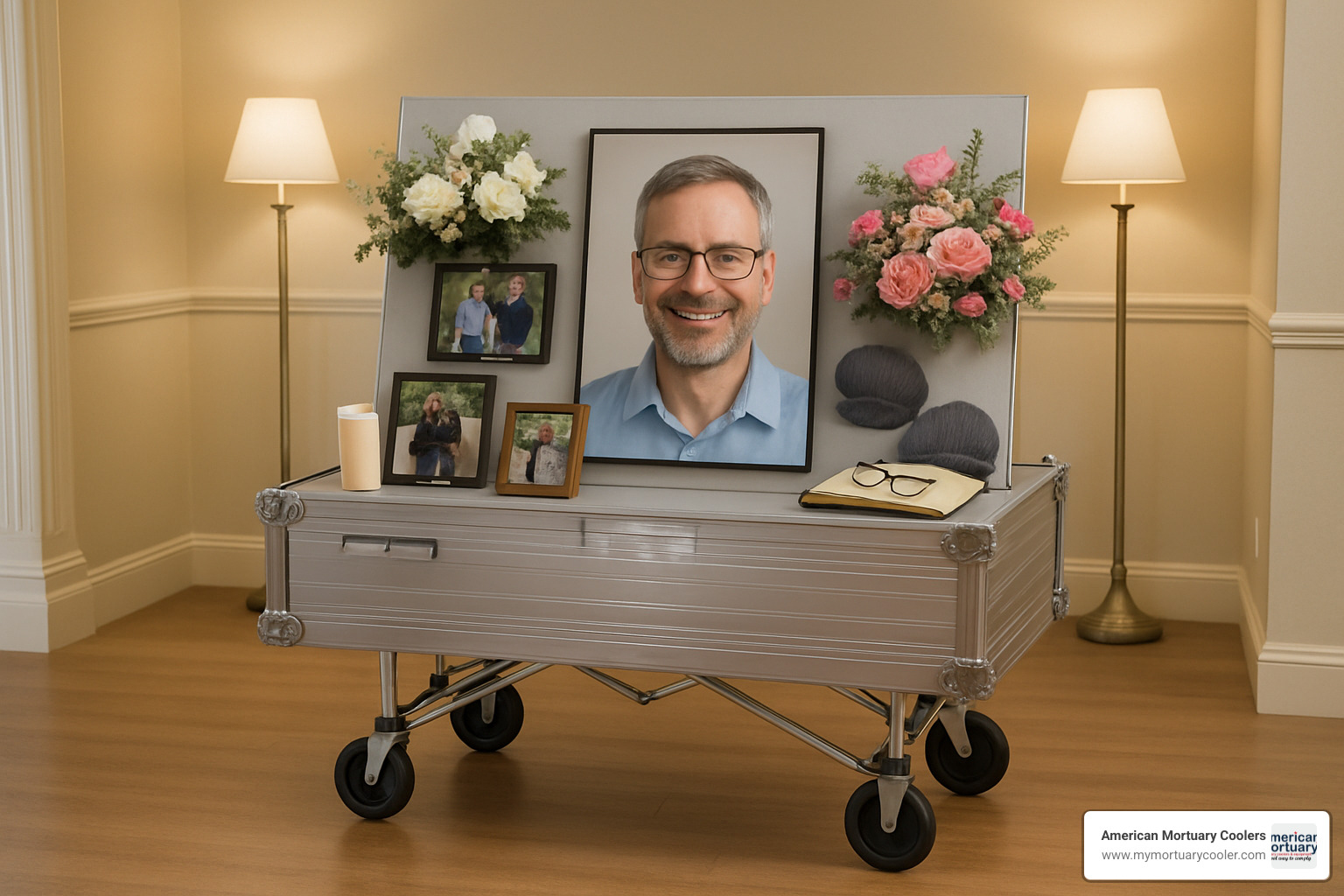 Modern funeral bier with double-sided design showing personalized memorial display - funeral bier