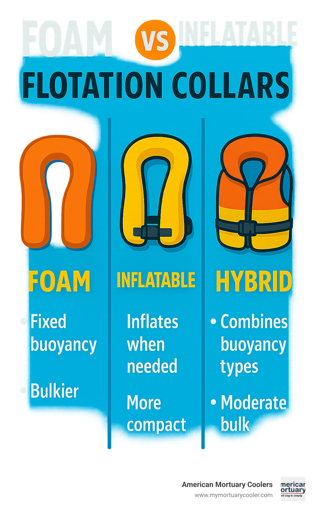 comparison infographic: foam vs inflatable vs hybrid flotation collars - flotation collar infographic  comparison infographic: foam vs inflatable vs hybrid flotation collars - flotation collar infographic