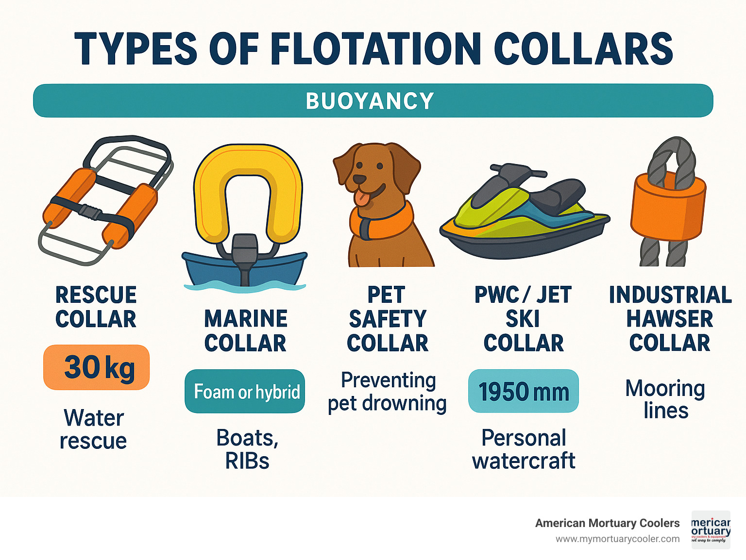 Diagram showing different flotation collar types, their buoyancy ratings, and typical applications across rescue, marine, pet safety, and industrial uses - flotation collar infographic  Diagram showing different flotation collar types, their buoyancy ratings, and typical applications across rescue, marine, pet safety, and industrial uses - flotation collar infographic