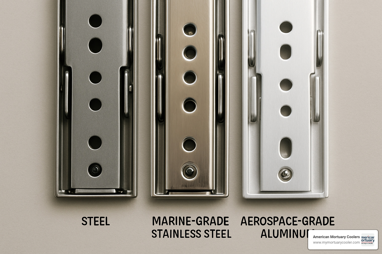 Close-up of different telescoping slide materials showing steel, stainless steel, and aluminum construction - telescoping slides Close-up of different telescoping slide materials showing steel, stainless steel, and aluminum construction - telescoping slides