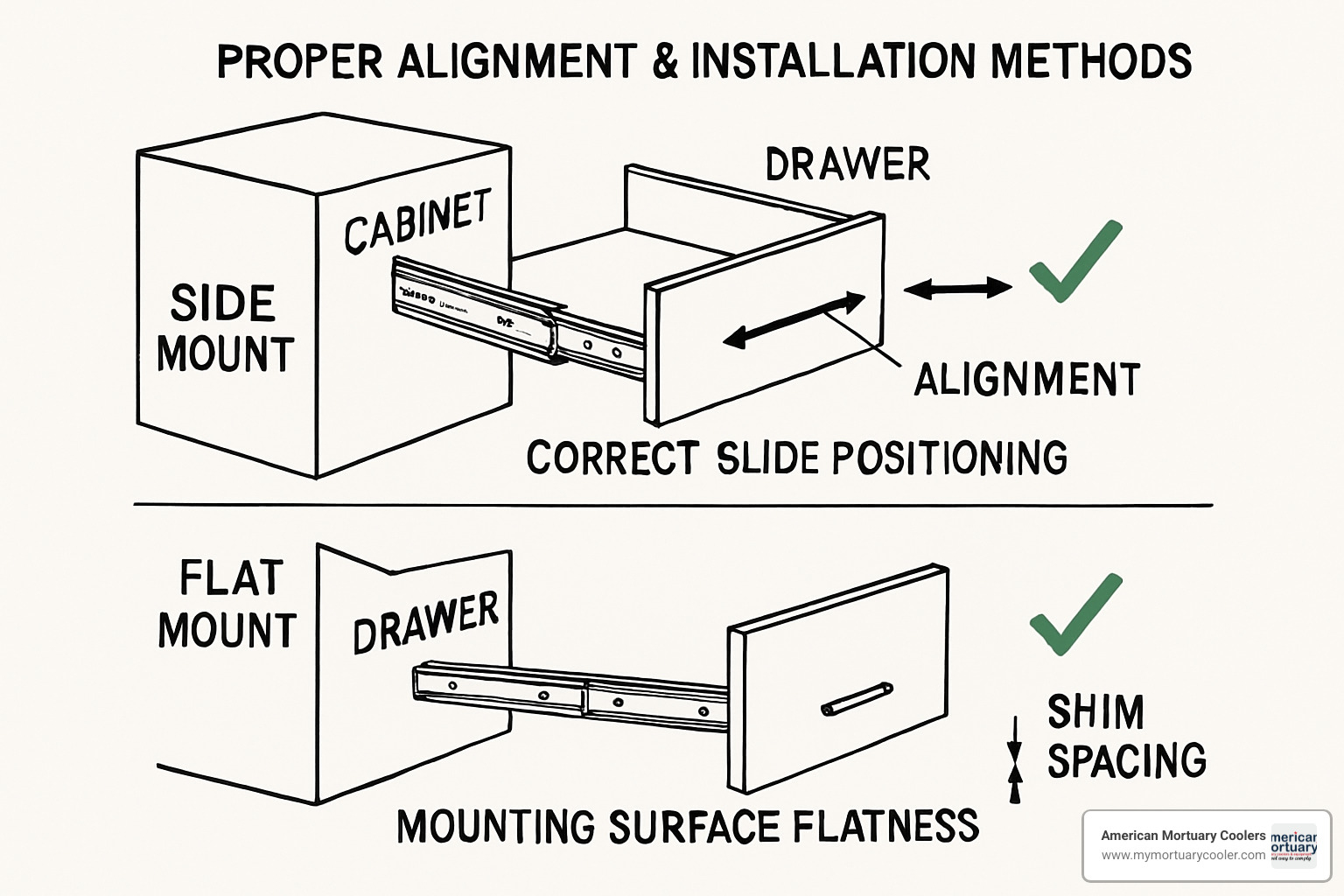 Diagram showing proper telescoping slide alignment and installation methods - telescoping slides Diagram showing proper telescoping slide alignment and installation methods - telescoping slides