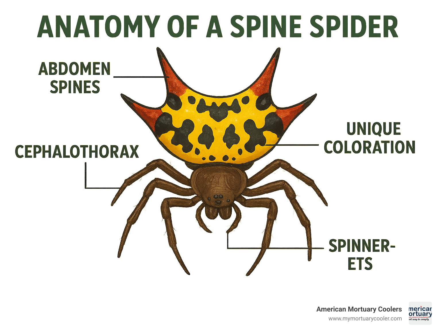 Anatomy of a spine spider showing abdomen spines, cephalothorax, spinnerets, and unique coloration patterns with labels for each body part - spine spider infographic  Anatomy of a spine spider showing abdomen spines, cephalothorax, spinnerets, and unique coloration patterns with labels for each body part - spine spider infographic